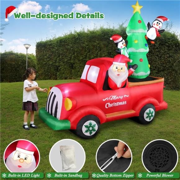 7 FT Christmas Inflatable Santa Claus Driving Red Truck with Built-in Lights - Picture 3 of 6